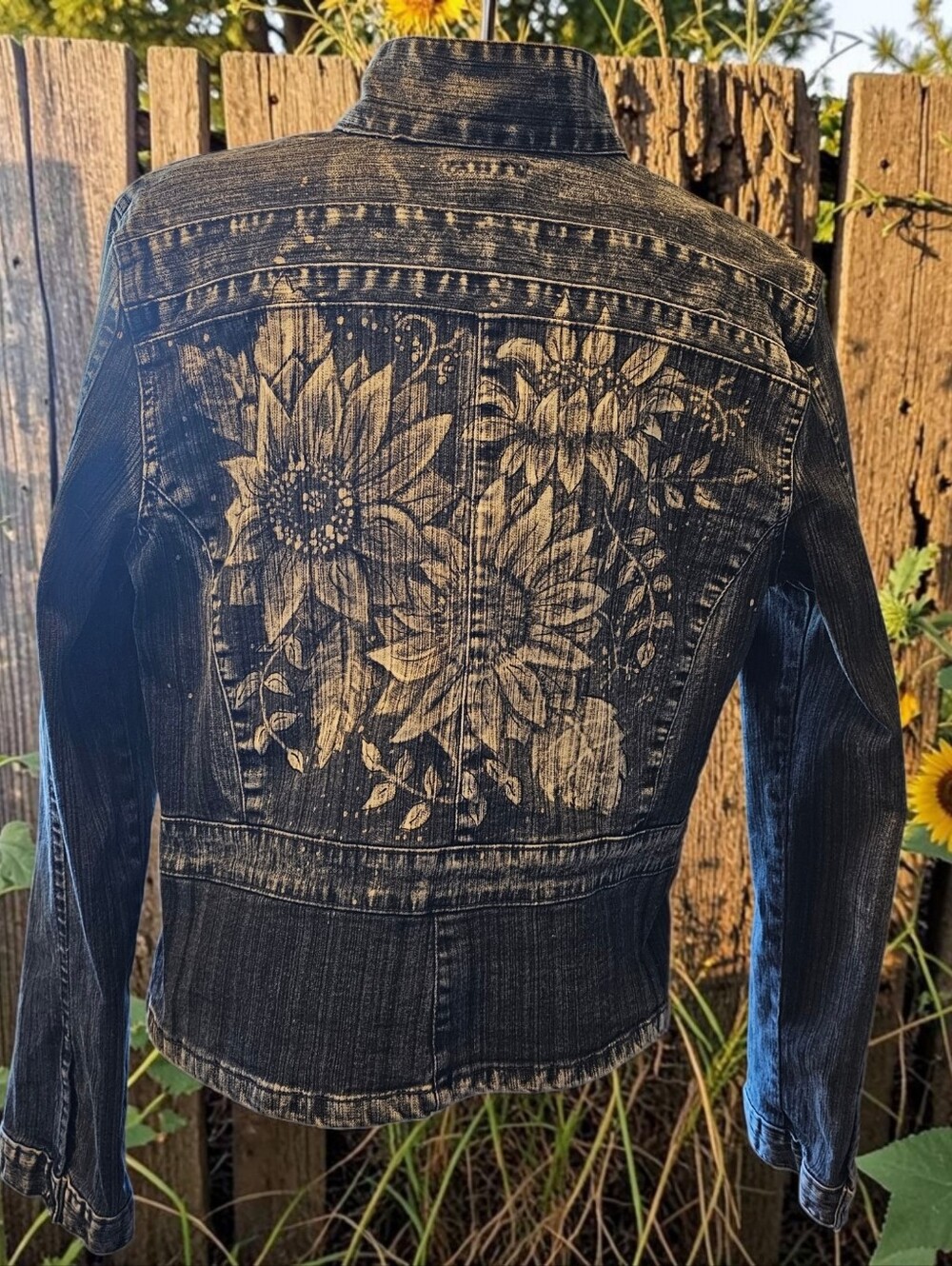Hand painted with Bleach Jean Jacket - Sunflowers - Picture 1 of 3